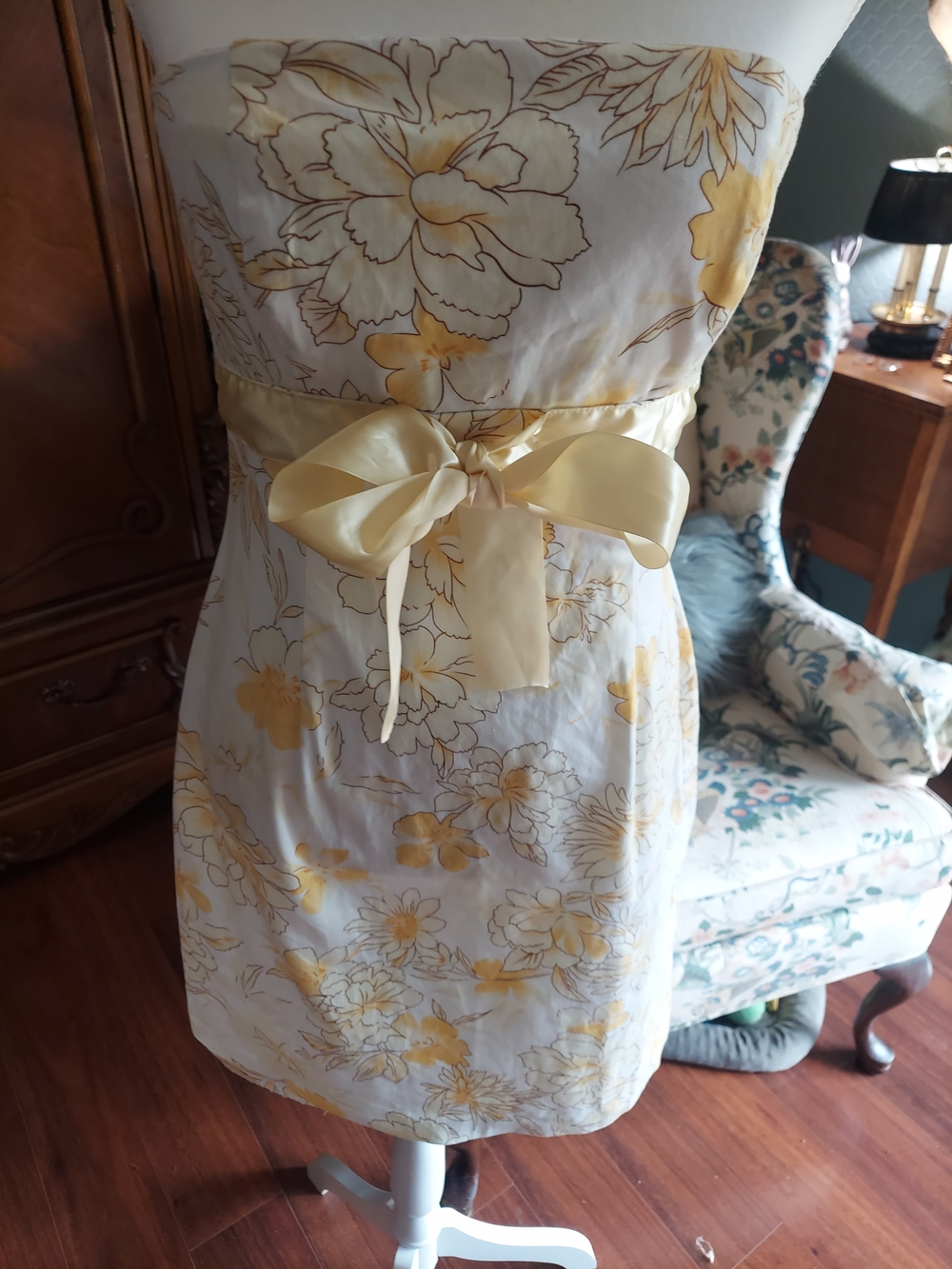 Strapless Yellow Floral Satin-Bow Dress